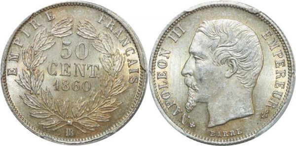 France 50 Centimes Napoléon III 1860 BB Strasbourg PCGS MS63++