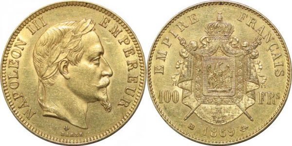 France 100 Francs Napoléon III 1869 BB Strasbourg Or Gold 