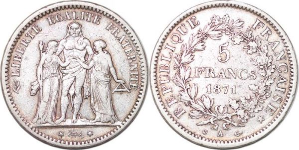 France 5 Francs Hercule 1871 A Paris Argent Silver Trident