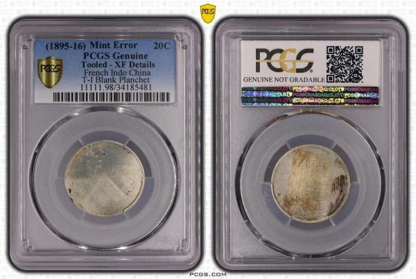 France French Indochina Unique 20 Cents Pattern 1895 1916 Error Bank Planchet PCGS