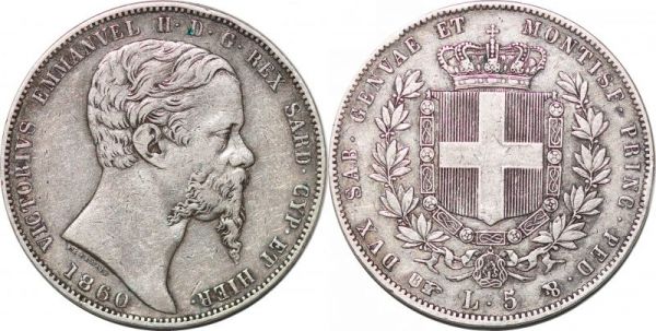 Italy Sardinia 5 Lire 1860 B Fearis Silver