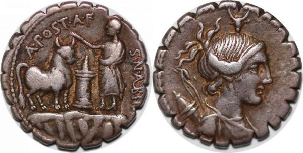 Roman coin Postumia 81 avant J-C denier Seatus AFSN/ AL BIN Tête Diane Silver
