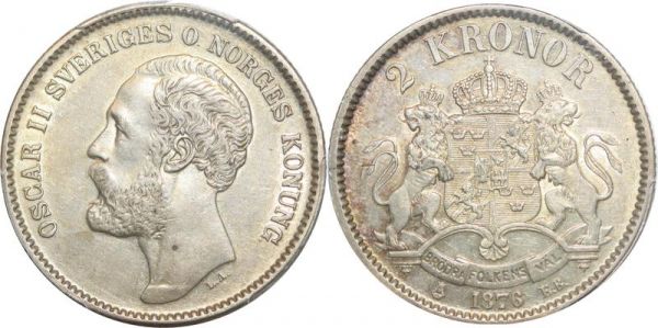 Sweden 2 Kronor Oscar II 1876 EB PCGS AU53 Argent