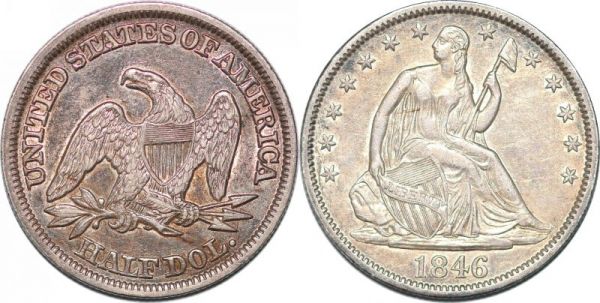 United States 50 Cents Half Dollar Liberty Seated 1846 Tall Date Silver AU 