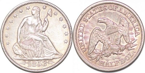 United States Scarce 50 Cents Half Dollar Liberty Seated 1853 Silver 