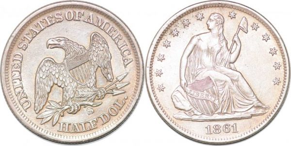 United States Scarce 50 Cents Half Dollar Liberty Seated 1861 S Silver AU