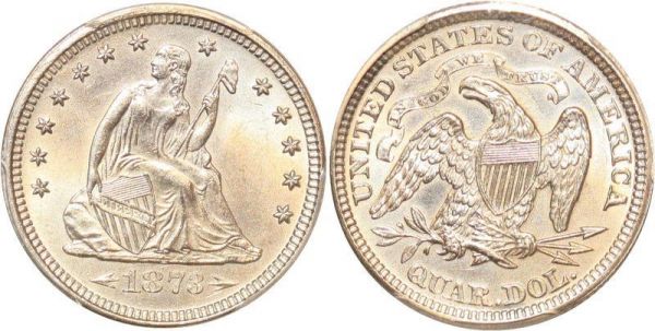United States Liberty Seated Quarter Dollars 25 Cents 1873 PCGS UNC