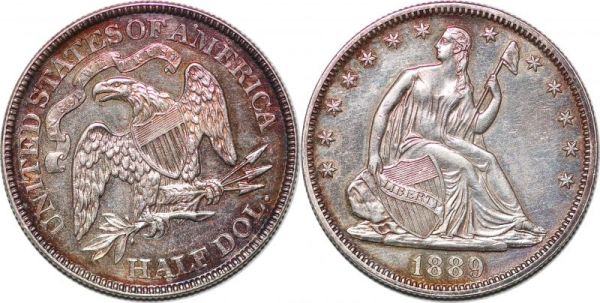 United States Scarce 50 Cents Half Dollar Liberty Seated 1889  Silver UNC Toning