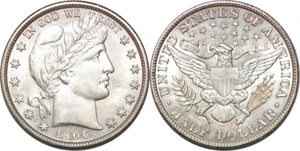United States Scarce 50 Cents Barber Half Dollar 1906 Silver UNC  