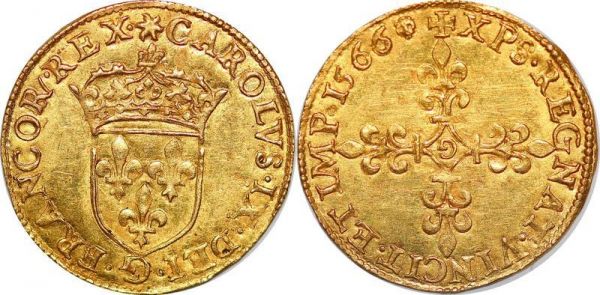 France Ecu d'or Charles IX au soleil 1566 G Poitiers Or Gold AU