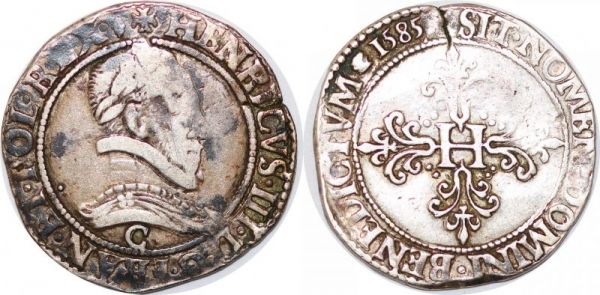 France R Henri III Franc au col plat 1585 C Saint-Lô Argent Silver