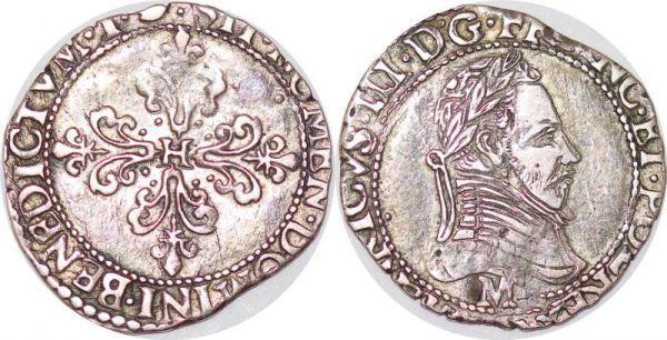 France 1/4 Franc Col plat Henri III M Toulouse Roi ligue 1592 Argent