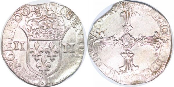 France 1/4 Ecu Croix Feuillue Henri IV 1607 9 Rennes Silver 