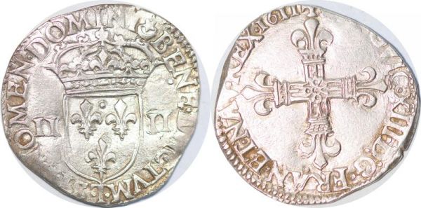 France 1/4 Ecu Croix De Face Louis XIII 1611 T Nantes Silver 