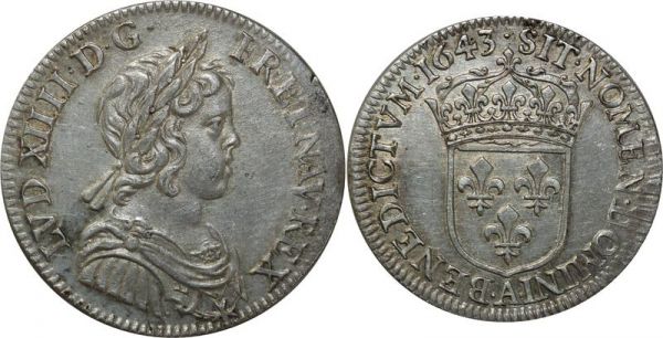 France 1/4 Ecu Louis XIV Mèche Courte 1643 A Paris Argent Silver 