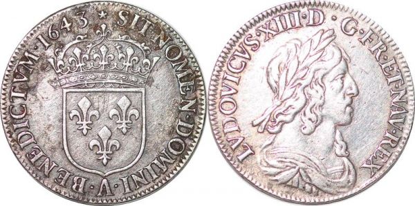 France 1/4 Ecu Louis XIII 2nd Poinçon Warin 1643 A Paris Rose Silver