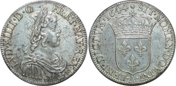 France 1/2 Ecu Louis XIV Mèche Courte 1644 A Paris Rose Argent Silver 