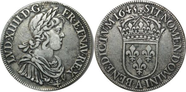 France Ecu Louis XIV mèche courte 1645 A Paris Argent Silver 