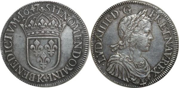 France Ecu Louis XIV Mèche Longue 1647 K Bordeaux Argent Silver 
