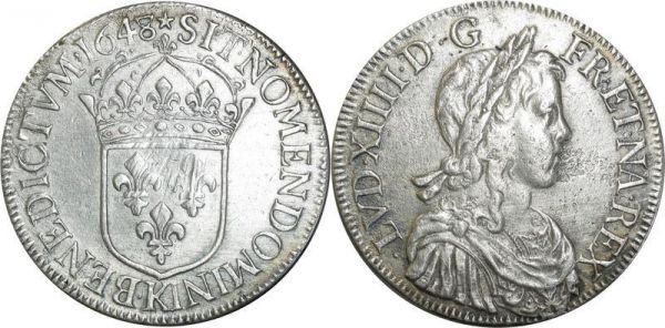 France Ecu Louis XIV mèche longue 1648 K Bordeaux Argent Silver 
