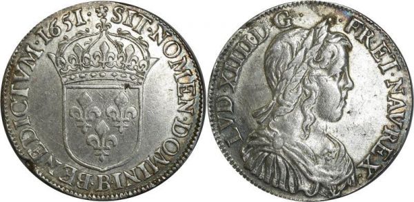 France 1/2 Ecu Louis XIV mèche longue 1651 B Rouen Argent Silver