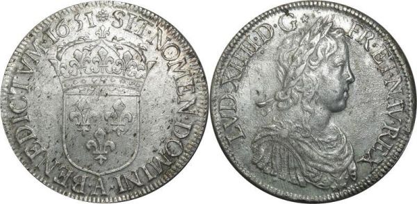 France Ecu Louis XIV mèche longue 1651 A Paris Argent Silver 