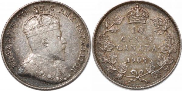 Canada 10 Cents Edward VII 1909 Grosse Feuille Silver UNC 