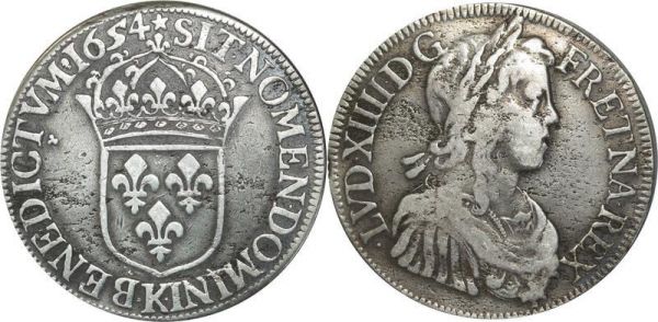 France Ecu Louis XIV mèche longue 1654 K Bordeaux Argent Silver 4815ex