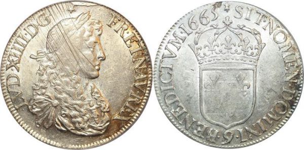 France Finest KNOWN Ecu Louis XIV Juvénile 1665 9 Rennes Silver PCGS AU58 