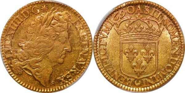France Double Louis d'or à l'écu Louis XIV 1690 A Gold PCGS AU58