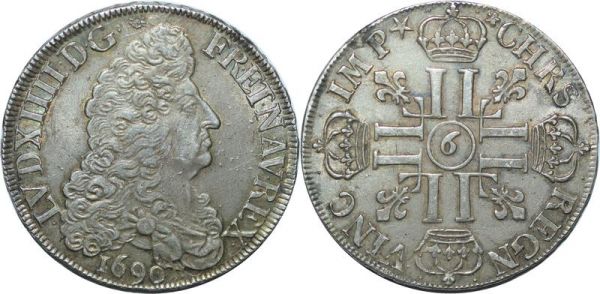 France R4 Ecu Louis XIV Aux 8 L 1690 9 Rennes inversé Argent Silver