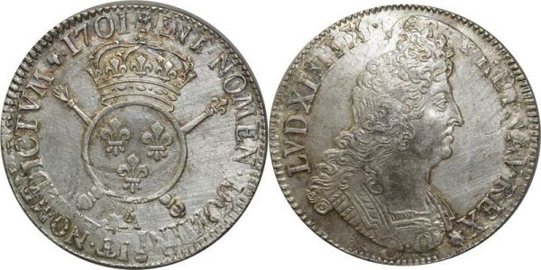 France Ecu Louis XIV Aux Insignes 1701 A Paris Argent Silver