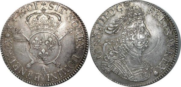 France Ecu Louis XIV Insignes 1701 A Paris Argent Silver 