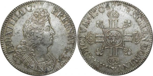 France Ecu Louis XIV Aux 8 L 1704 X Amiens Argent Silver 