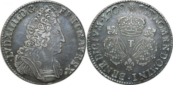 France Ecu Louis XIV Aux 3 Couronnes 1709 T Nantes Argent Silver 