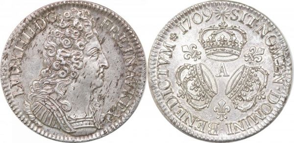 France Ecu 3 couronnes Louis XIV 1709 A Paris Argent Silver