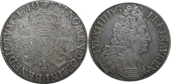 France Ecu Louis XIV Aux 3 Couronnes 1710 X Amiens Argent Silver