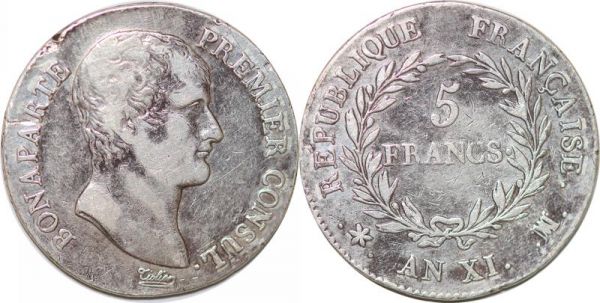 France 5 Francs Napoléon Bonaparte Premier Consul an XI MA Marseille Argent