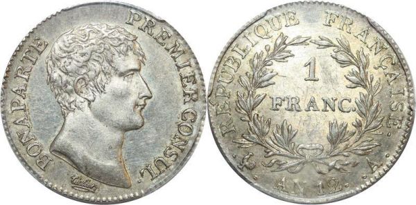 France 1 Franc Bonaparte Napoleon I AN 12 A Paris PCGS AU58 Argent