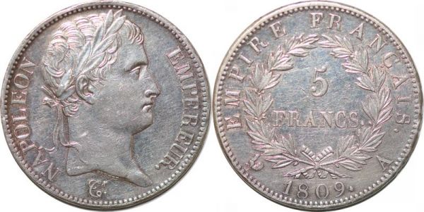 France 5 Francs Napoléon I er 1809 A Paris Silver SUP