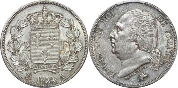 France 2 Francs Louis XVIII 1824 A Paris PCGS AU55 Argent Silver
