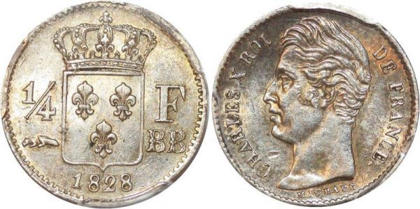 France 1/4 Franc Charles X 1828 BB Strasbourg PCGS MS62 Argent Silver