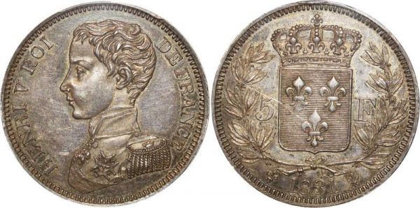 France Finest 5 Francs Essai Henri V 1831 PCGS SP62 SPL