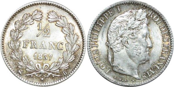 France Finest  1/2 Franc Louis Philippe 1837 B Rouen Argent FDC MS64