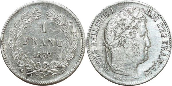 France 1 Franc Louis Philippe 1839 BB Strasbourg Argent SUP CI