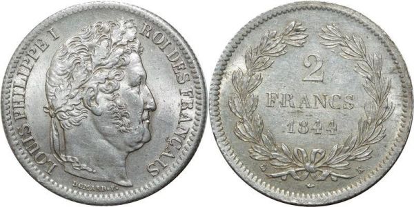 France 2 Francs Louis Philippe 1844 A Paris PCGS MS 62 CI
