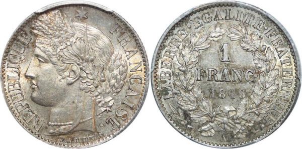 France 1 Franc Cérès 1849 A Paris PCGS MS63 SPLENDIDE Argent Silver