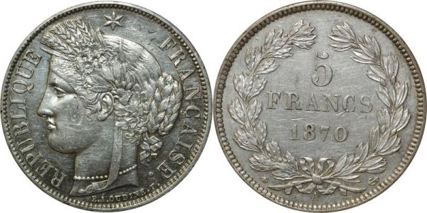 France 5 Francs Cérès 1870 A Paris sans leg. Argent Silver SUP ++++