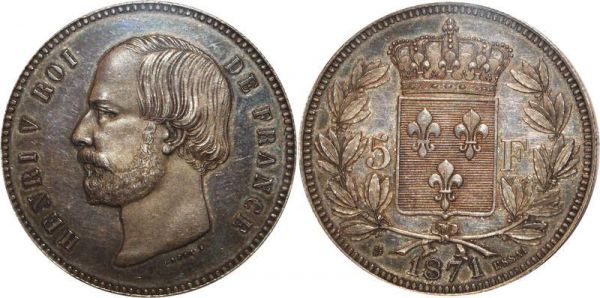 France Finest 5 Franc Essai Henri V 1871 Bruxelles PCGS MS63 SPL