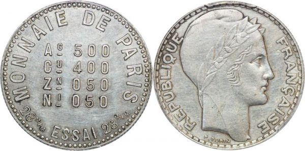 France 10 Francs Essai Ag 500 Cu 400 Zn 050 Ni 050 1929 PCGS SP55 Argent  